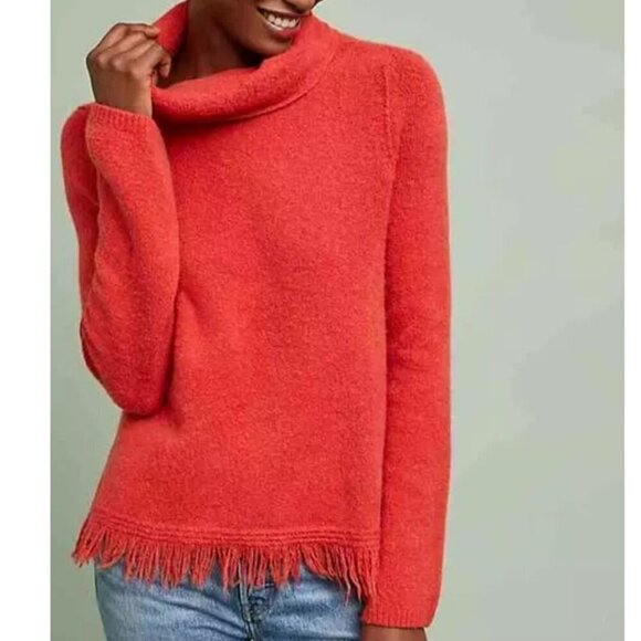 Anthropologie Wool Blend Sweater Womens Medium Turtleneck Bell Sleeve Fringe - Picture 1 of 5